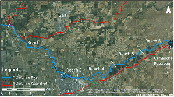 Map of study area assessed in our analysis, which runs along the Lower Mokelumne River from the confluence of the Cosumnes River upstream to the Camanche Dam: Reaches 2-6, as described by Reeves & Jones (2004).