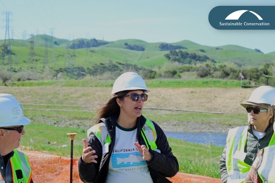 creek-restoration-team-alameda-creek-sunol Three people in hard hats stand beside Alameda Creek at a creek restoration site in Sunol.