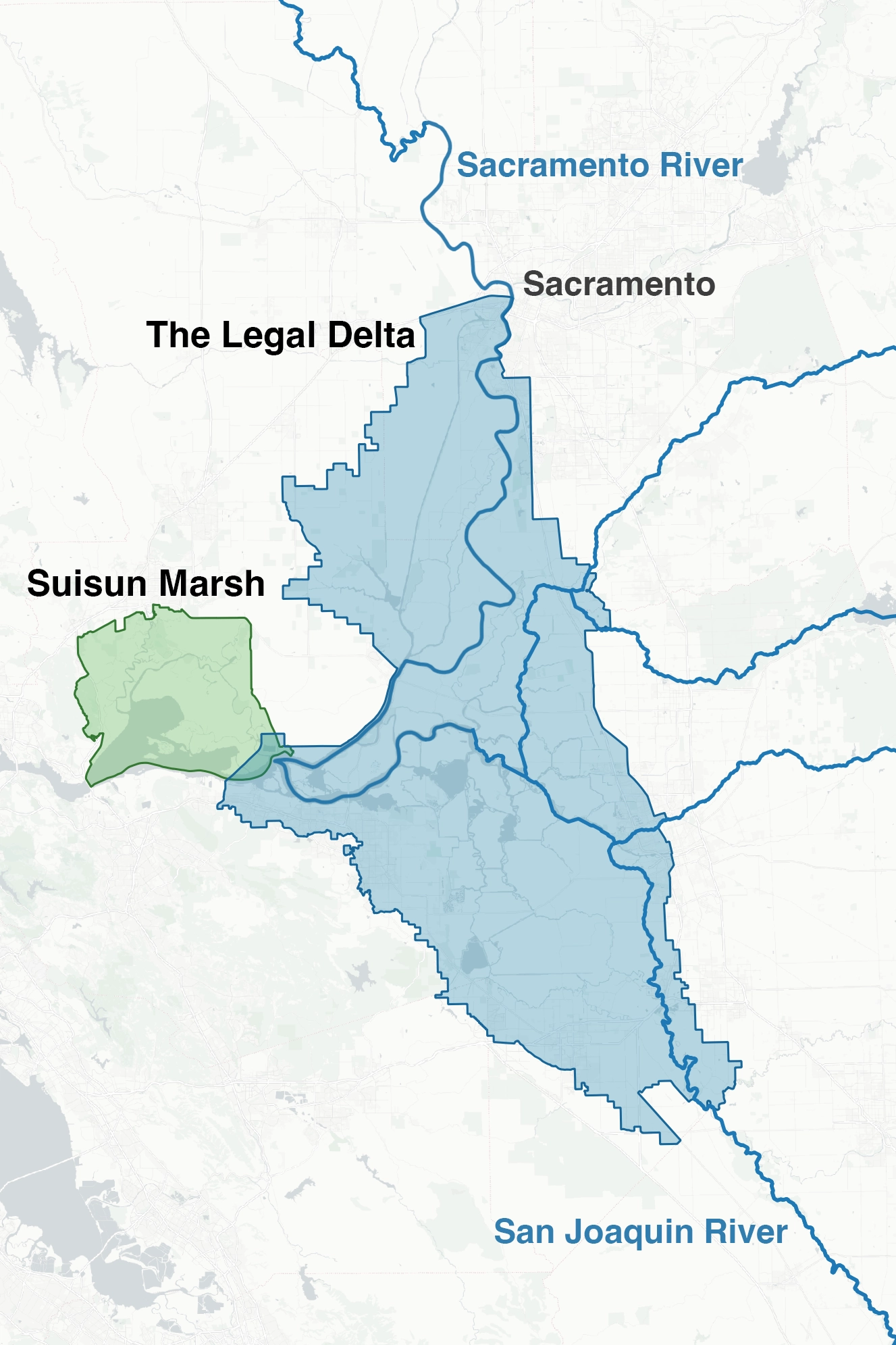 Map of the Sacramento-San Joaquin Delta. The Legal Delta is shaded blue, running from just south of Sacramento down to the San Joaquin River. The Suisun Marsh is shaded green to the west, near the confluence of the two rivers.